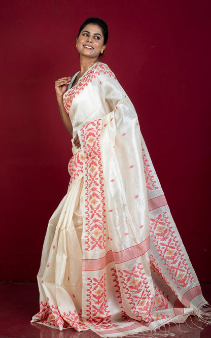 Silk Mark Certified Bengal Tussar Jamdani Saree in Off White & Red.