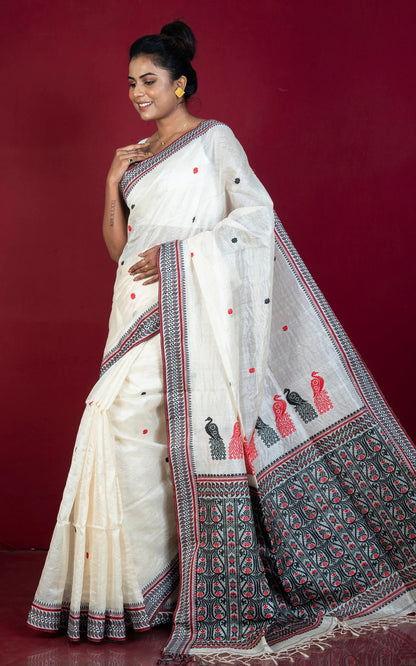 Bengal Tussar Silk Saree in Off White and Black - Premium Bengal Collection.