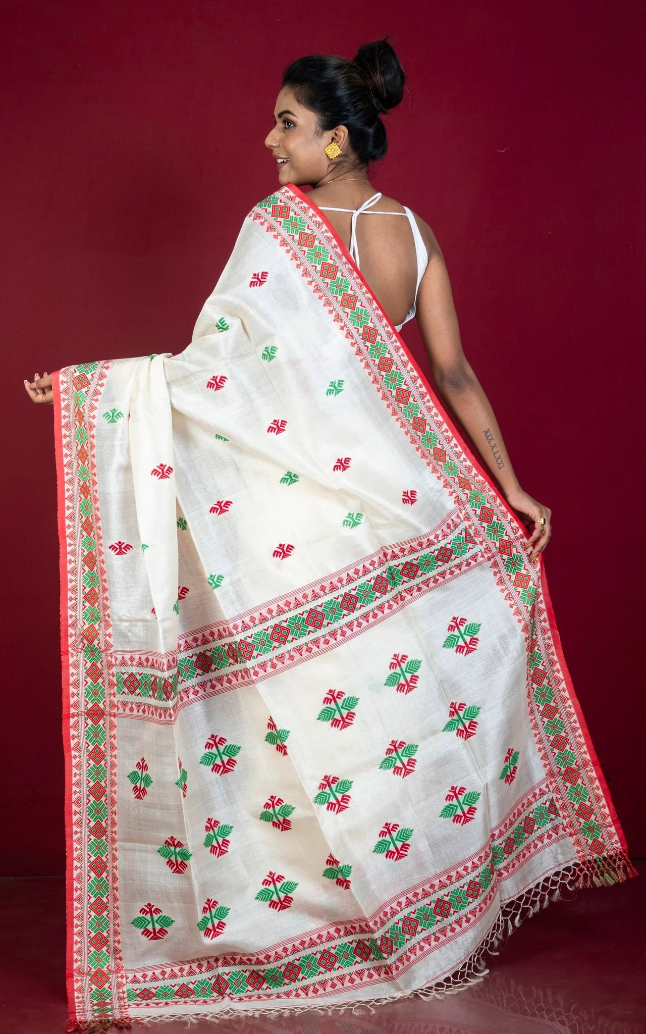 Assam Saree Inspired Bengal Tussar Silk Saree in Off White and Red.
