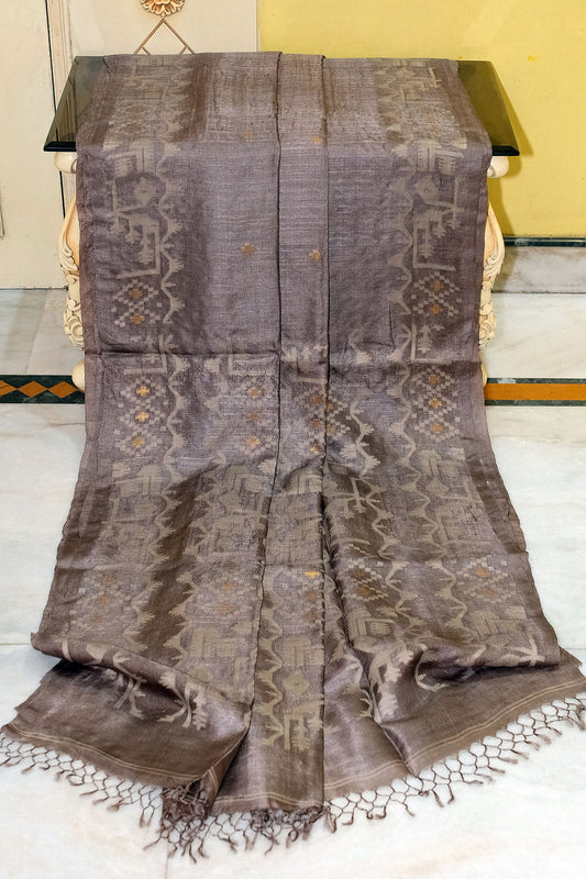 Premium Quality Tussar Silk Jamdani Saree in Brown - Jamdani Collection.