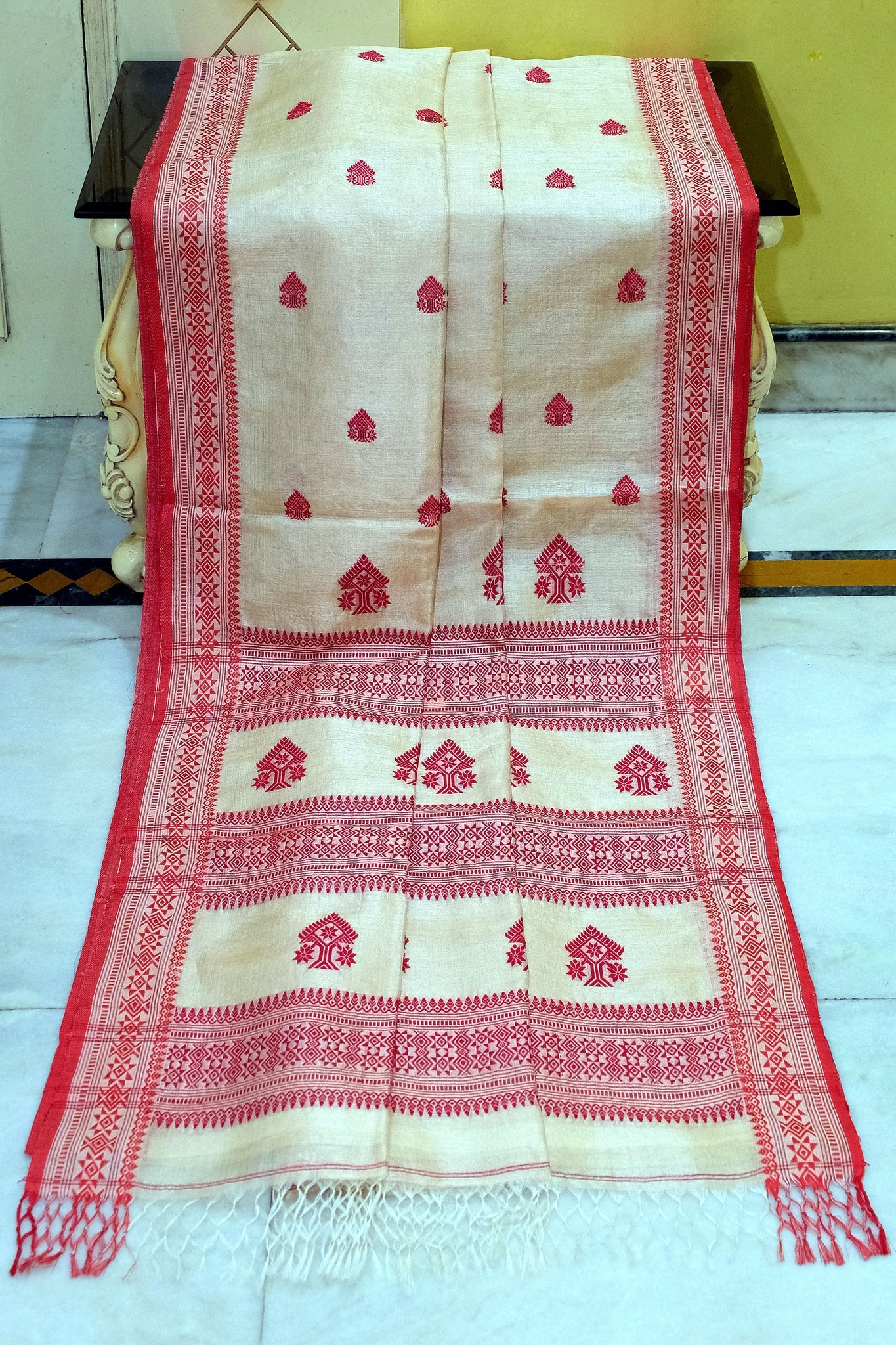 Assam-Inspired Bengal tussar Silk Saree in Beige and Red - Traditional Saree.