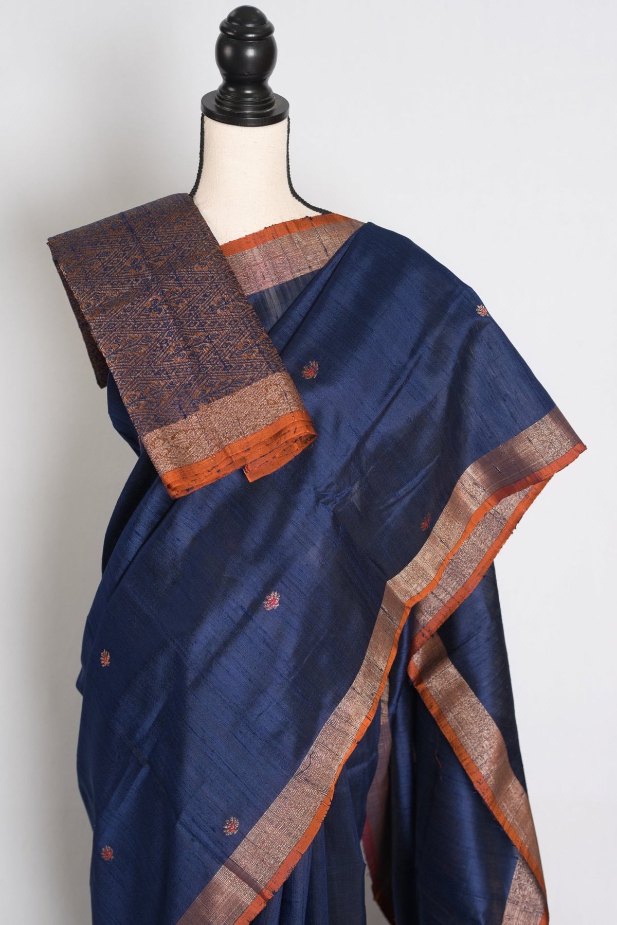 Midnight Blue Banarasi saree — drape view