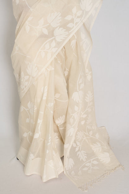 Vibha: Fine Quality White - on - White Hand - Woven Bengal Cotton Jamdani Saree - Saree Mandi