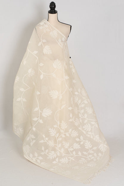 Vibha: Fine Quality White - on - White Hand - Woven Bengal Cotton Jamdani Saree - Saree Mandi