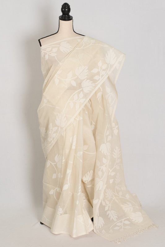 Vibha: Fine Quality White - on - White Hand - Woven Bengal Cotton Jamdani Saree - Saree Mandi