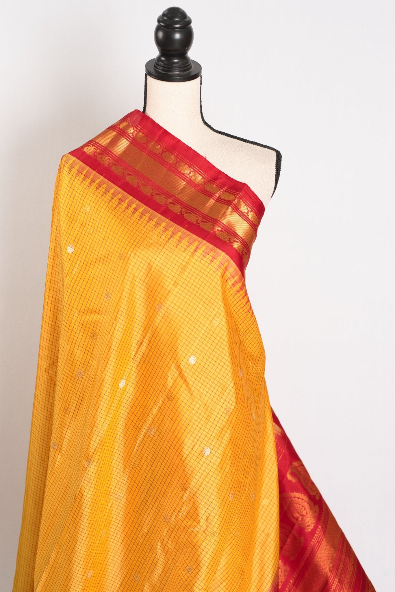 Vibha: Haldi Yellow and Red Checks Handwoven Gadwal Silk Saree with Golden Zari - Saree Mandi