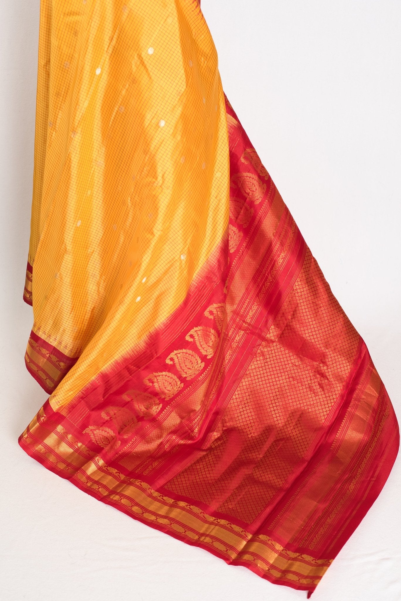 Vibha: Haldi Yellow and Red Checks Handwoven Gadwal Silk Saree with Golden Zari - Saree Mandi