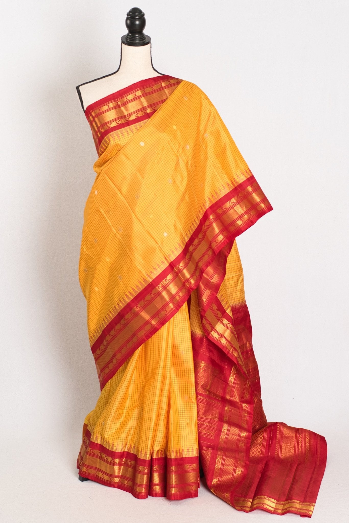 Vibha: Haldi Yellow and Red Checks Handwoven Gadwal Silk Saree with Golden Zari - Saree Mandi