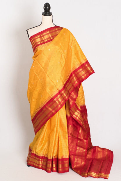 Vibha: Haldi Yellow and Red Checks Handwoven Gadwal Silk Saree with Golden Zari - Saree Mandi