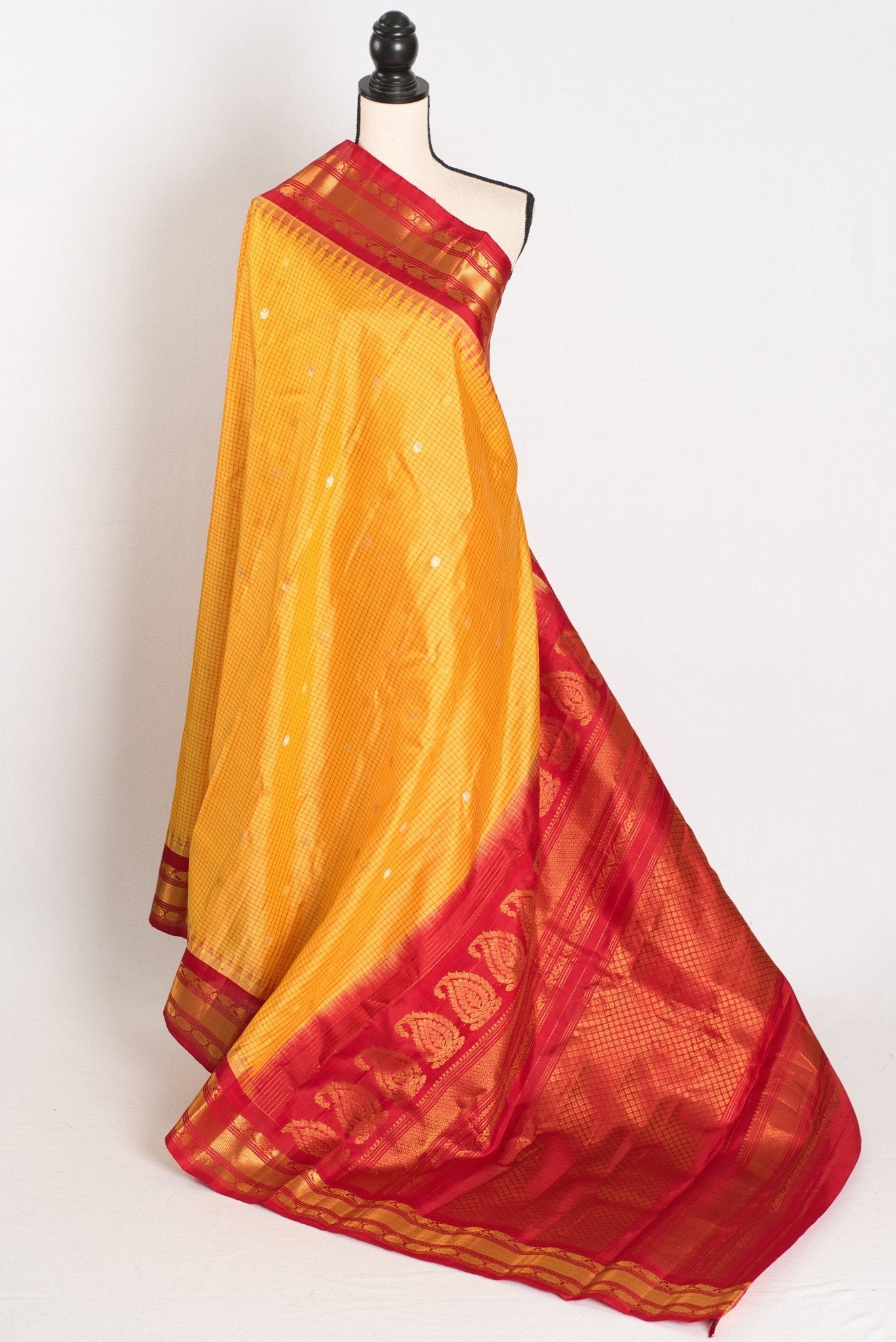 Vibha: Haldi Yellow and Red Checks Handwoven Gadwal Silk Saree with Golden Zari - Saree Mandi