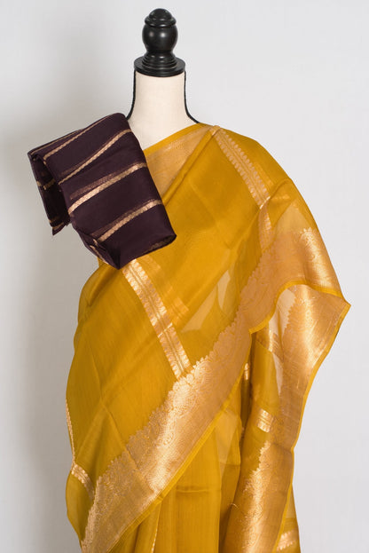 Vidhi: Golden Yellow and Gold Kora Organza Banarasi Saree - Saree Mandi