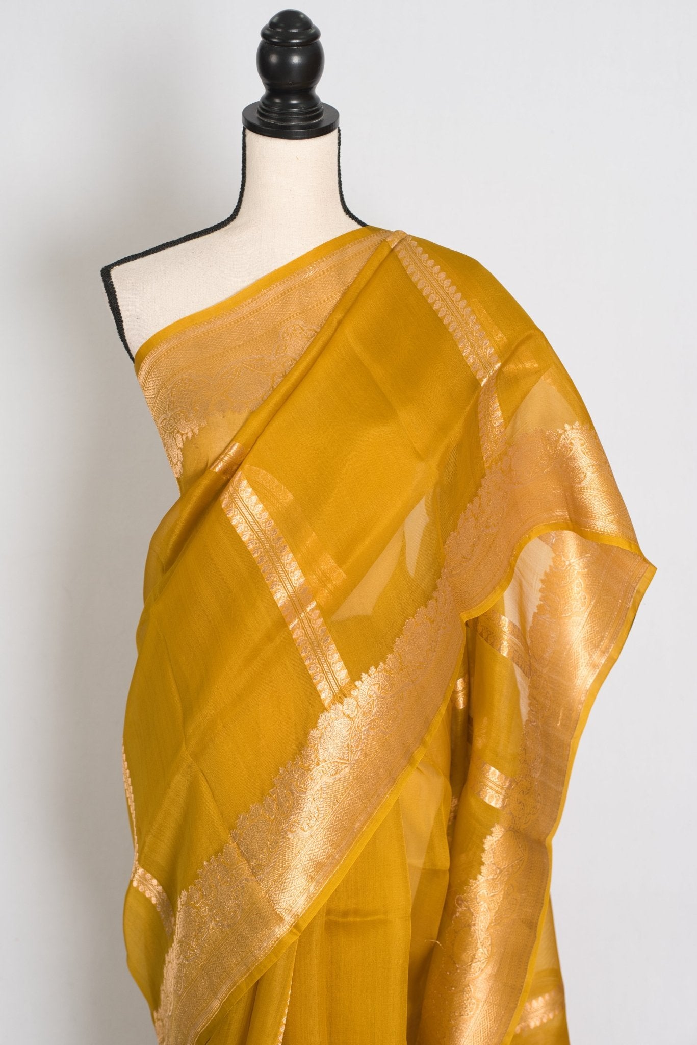Vidhi: Golden Yellow and Gold Kora Organza Banarasi Saree - Saree Mandi