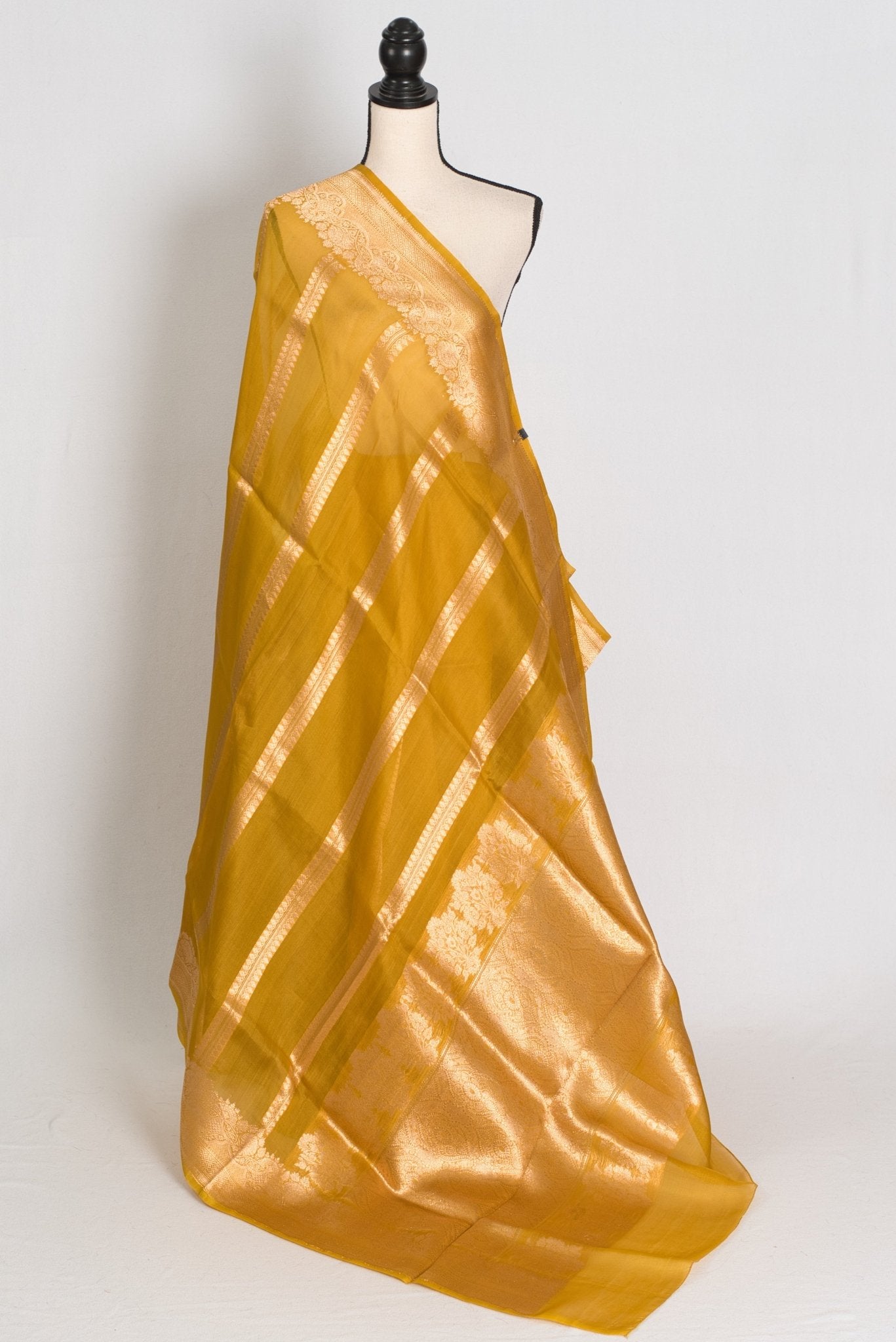 Vidhi: Golden Yellow and Gold Kora Organza Banarasi Saree - Saree Mandi