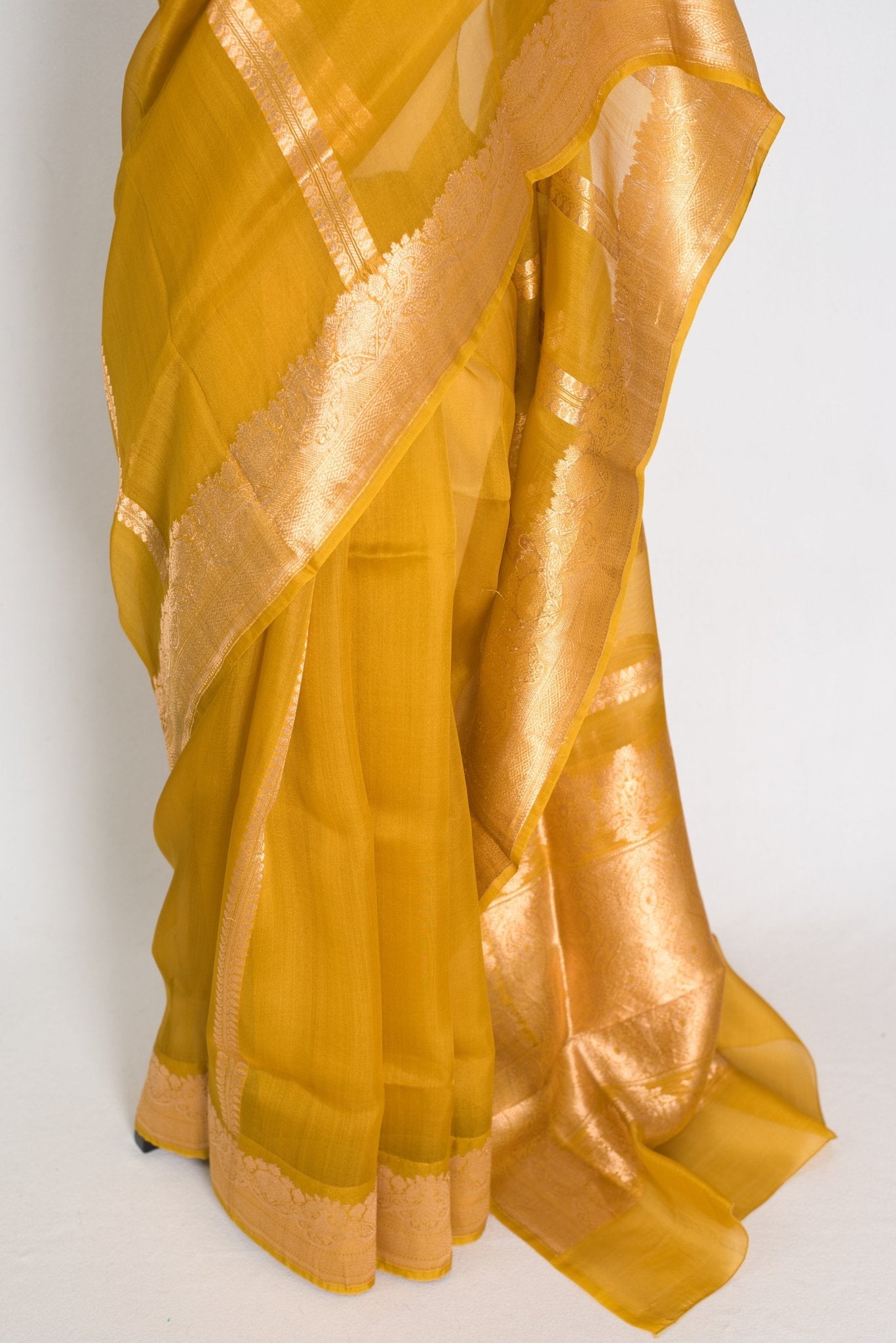 Vidhi: Golden Yellow and Gold Kora Organza Banarasi Saree - Saree Mandi