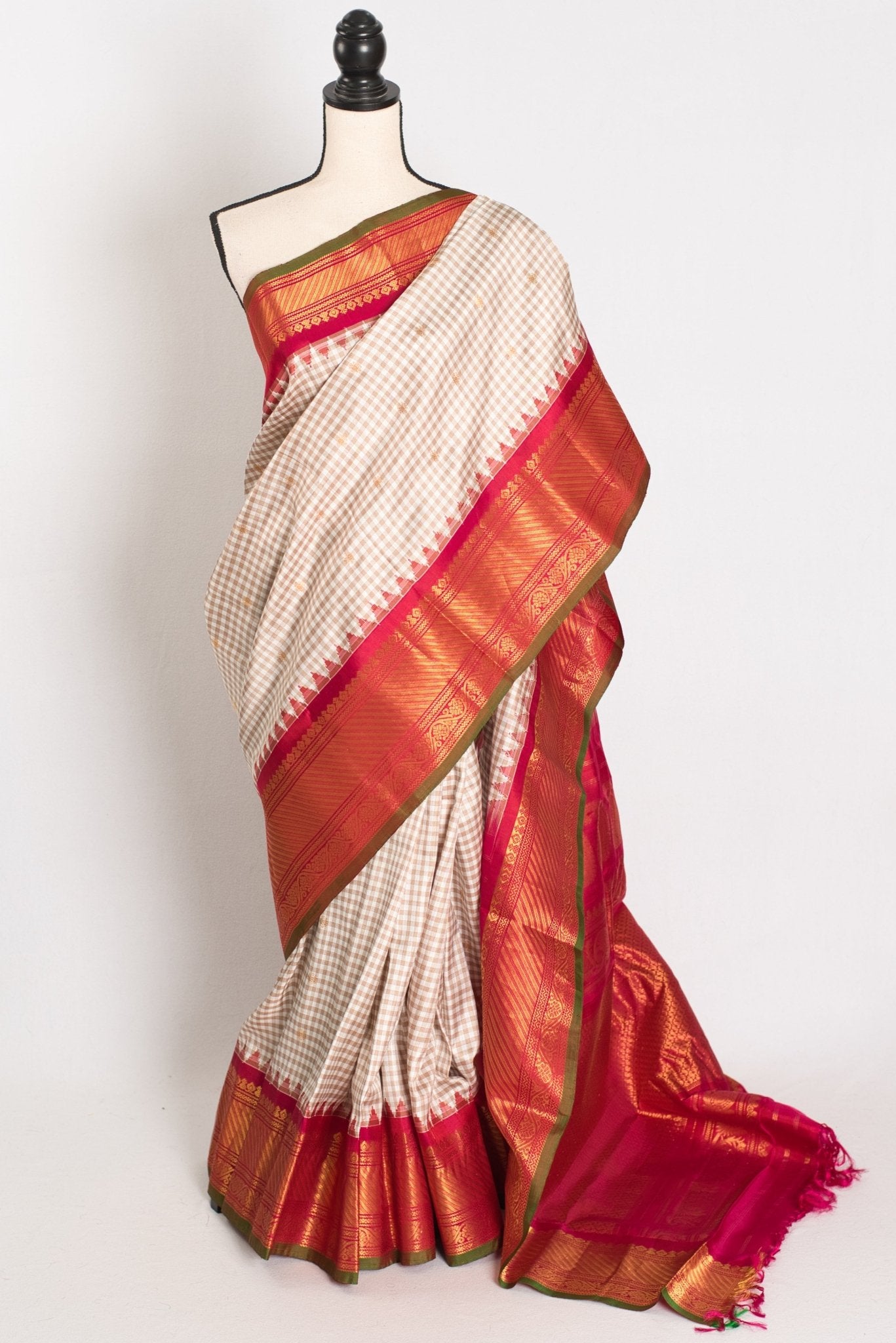Vidhi: White & Brown Micro Check Gadwal Silk Saree with Rani Pink Border - Saree Mandi