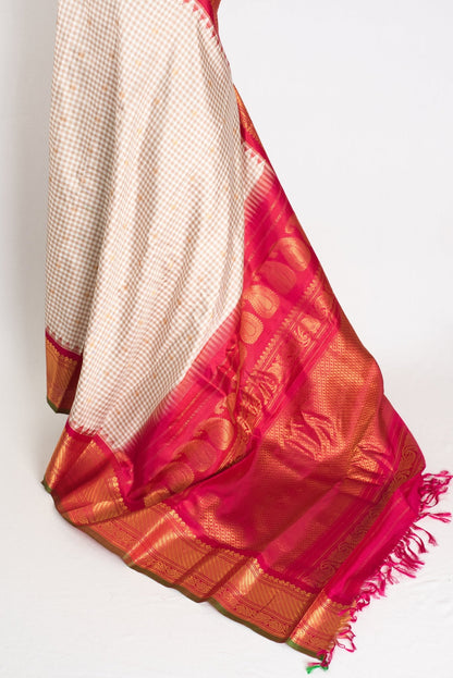 Vidhi: White & Brown Micro Check Gadwal Silk Saree with Rani Pink Border - Saree Mandi