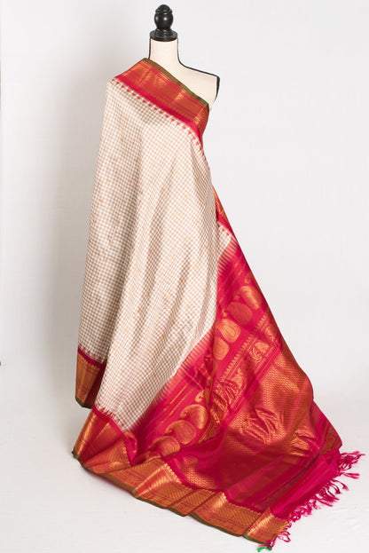 Vidhi: White & Brown Micro Check Gadwal Silk Saree with Rani Pink Border - Saree Mandi