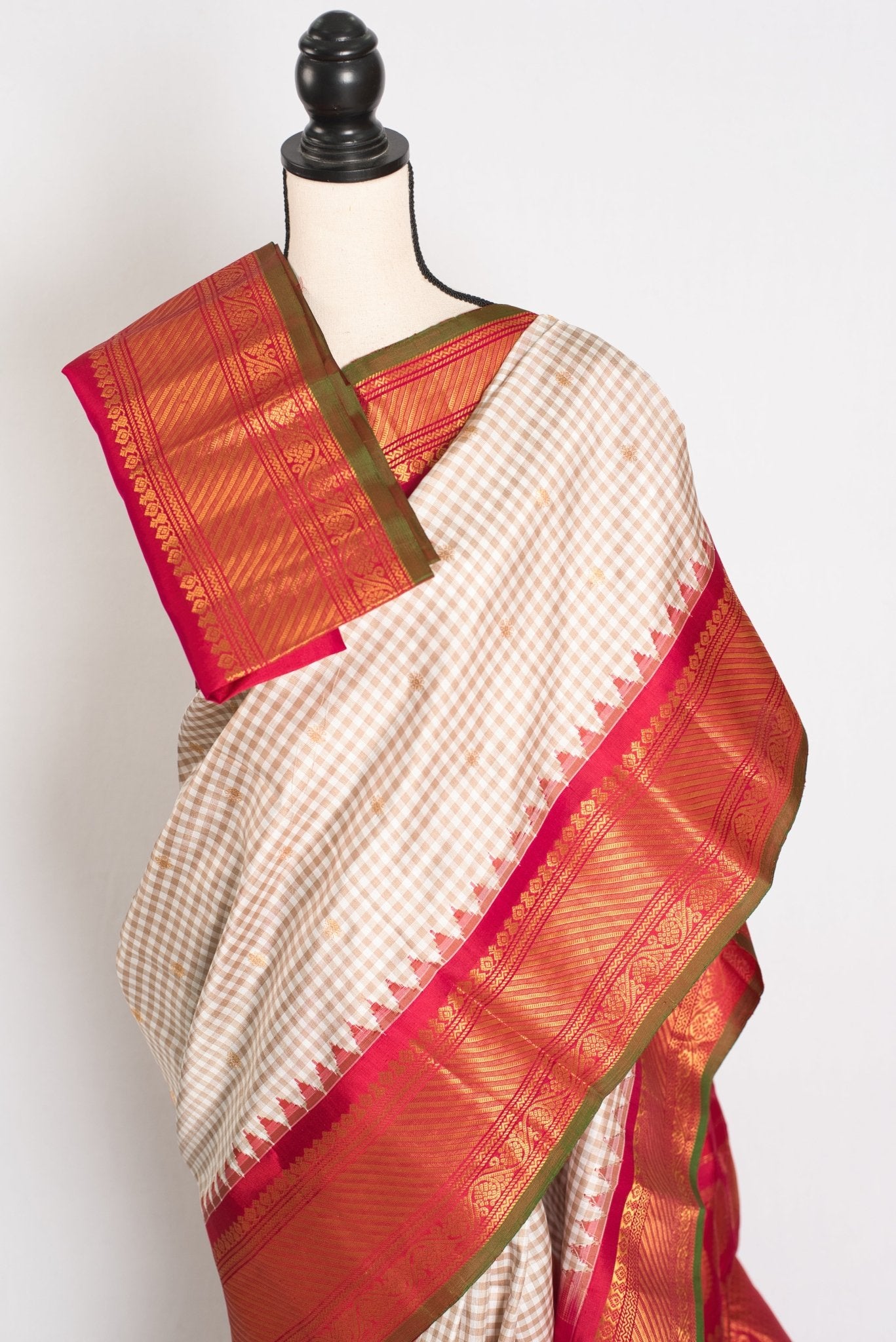 Vidhi: White & Brown Micro Check Gadwal Silk Saree with Rani Pink Border - Saree Mandi
