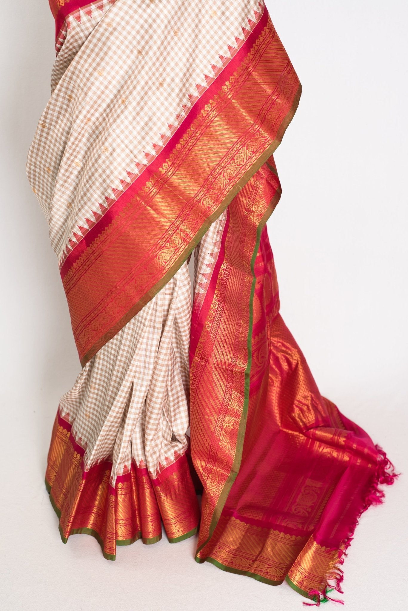 Vidhi: White & Brown Micro Check Gadwal Silk Saree with Rani Pink Border - Saree Mandi