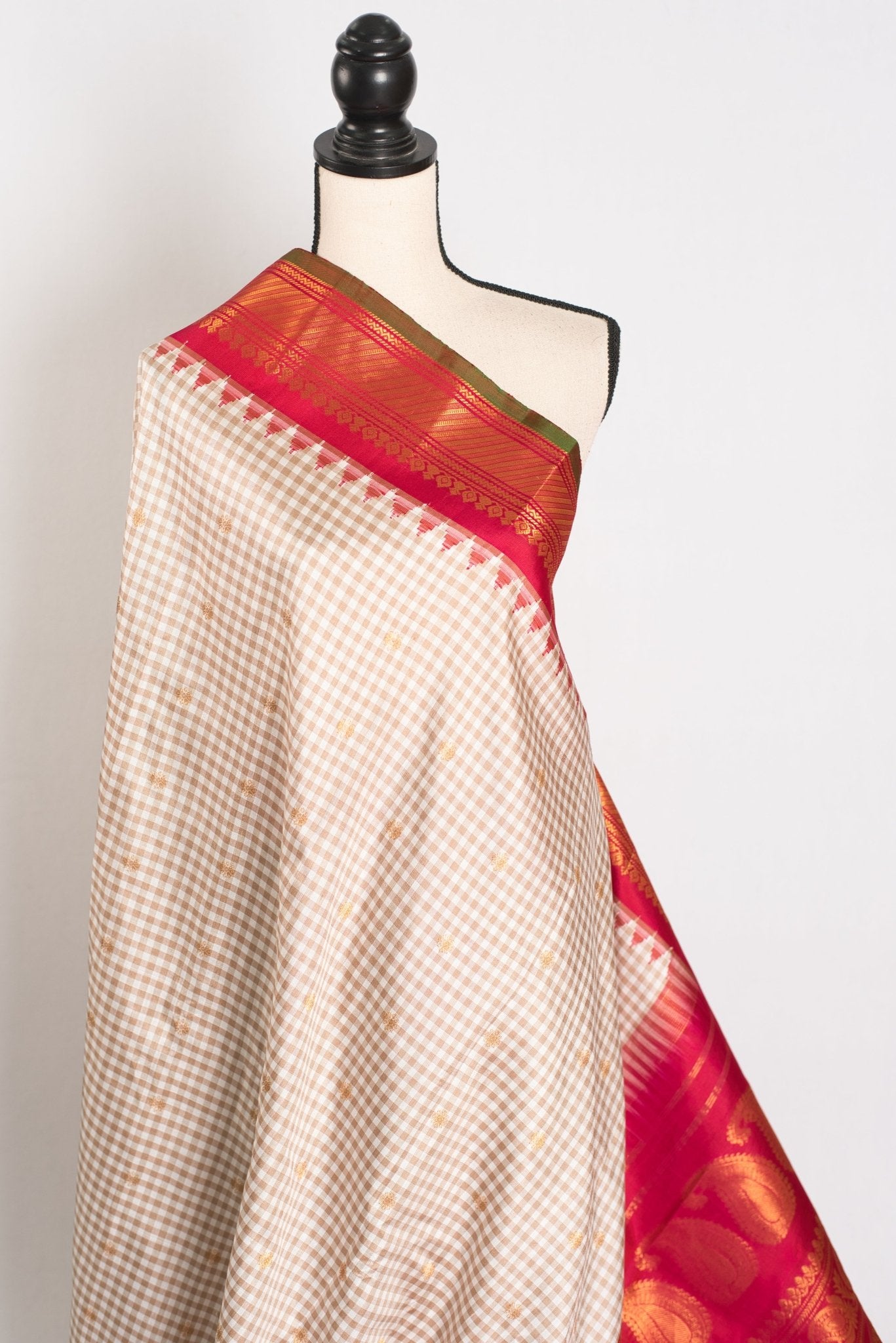 Vidhi: White & Brown Micro Check Gadwal Silk Saree with Rani Pink Border - Saree Mandi