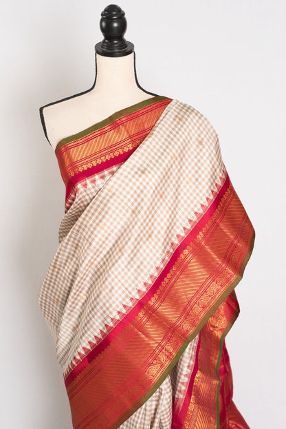Vidhi: White & Brown Micro Check Gadwal Silk Saree with Rani Pink Border - Saree Mandi