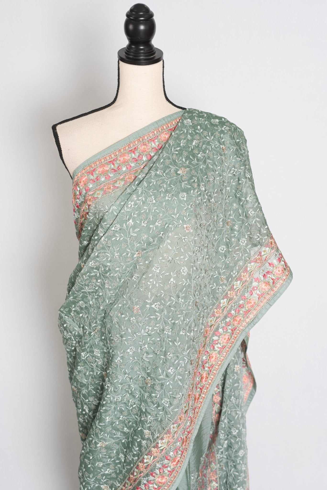 Vidya: Teal Green Crushed Georgette Saree | Floral Machine Embroidery - Saree Mandi