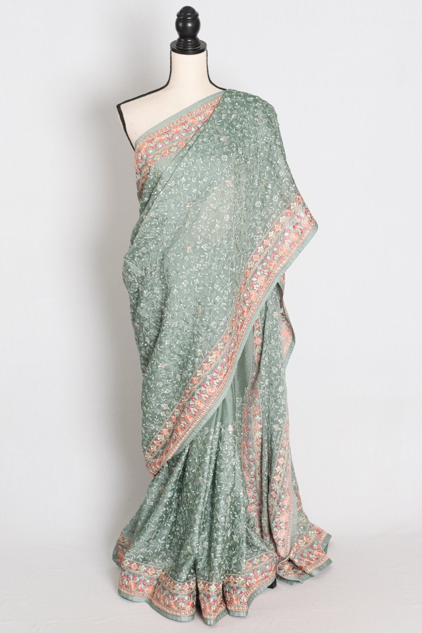 Vidya: Teal Green Crushed Georgette Saree | Floral Machine Embroidery - Saree Mandi