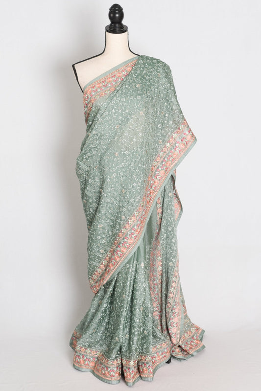 Vidya: Teal Green Crushed Georgette Saree | Floral Machine Embroidery - Saree Mandi