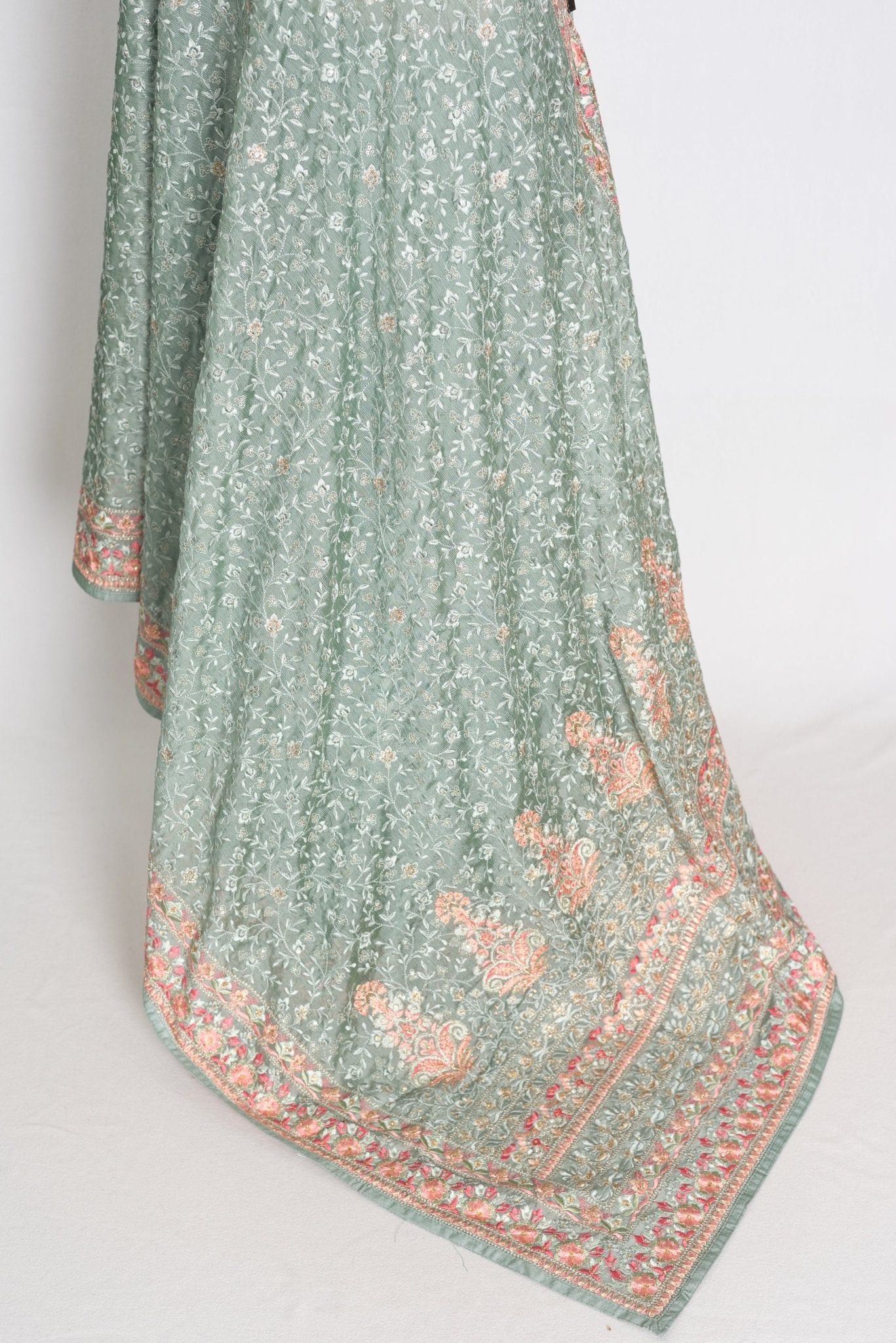 Vidya: Teal Green Crushed Georgette Saree | Floral Machine Embroidery - Saree Mandi