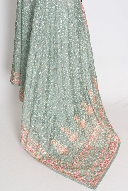 Vidya: Teal Green Crushed Georgette Saree | Floral Machine Embroidery - Saree Mandi