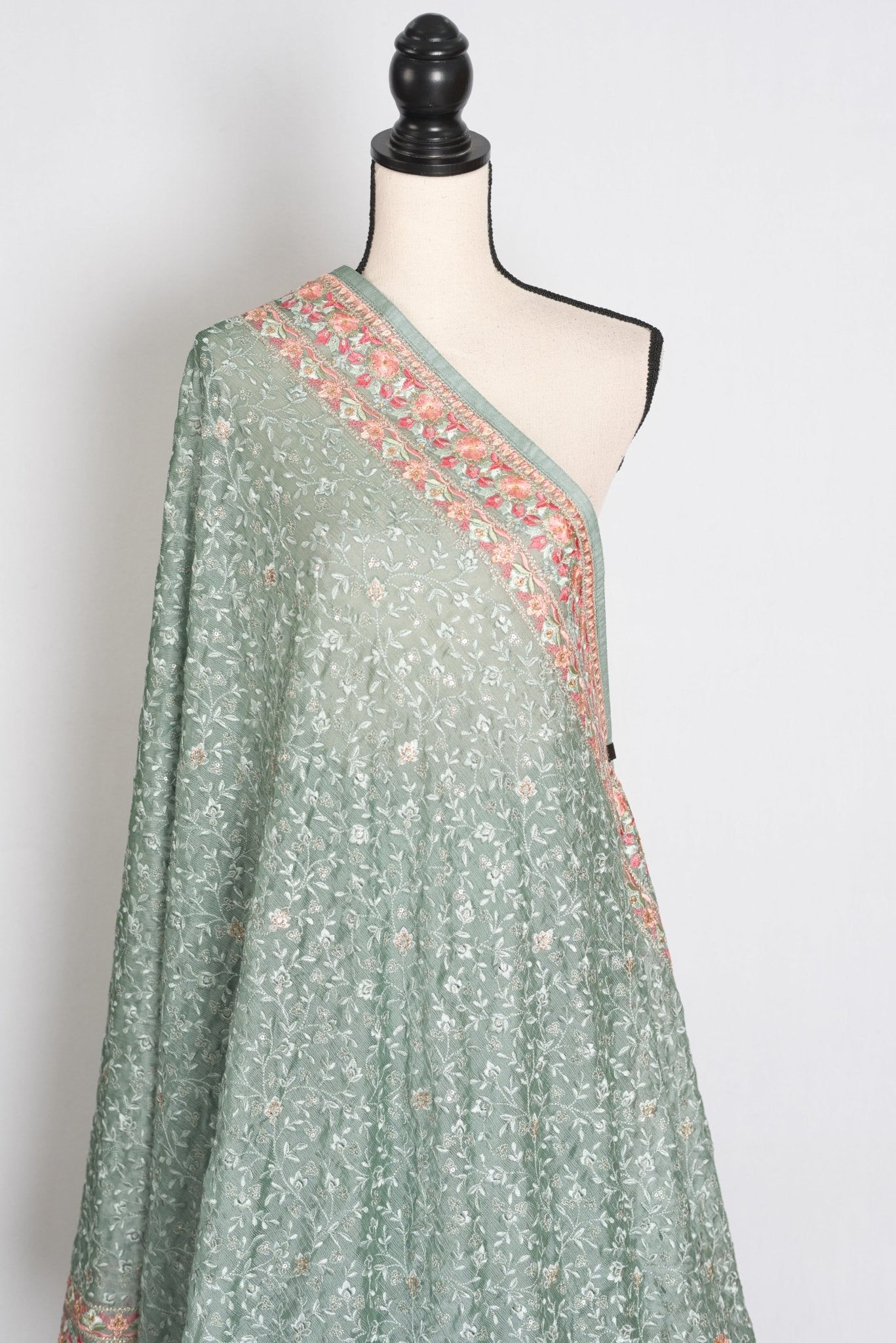 Vidya: Teal Green Crushed Georgette Saree | Floral Machine Embroidery - Saree Mandi