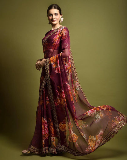 Designer Floral Georgette Partywear Saree in Wine Color.